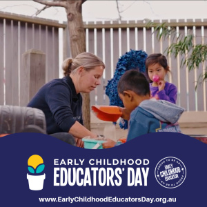 Educator In Sandpit With Children Ece Day Logo